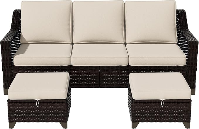 Vista Vibe 3 Pieces Outdoor Patio Conversation Furniture Set - 78" 3-seat Sofa | 2 Wicker Ottomans, Deep Seat Loveseat with Removable Cushions, Hand-Woven PE Rattan Couch, Lawn (Brown/Beige)
