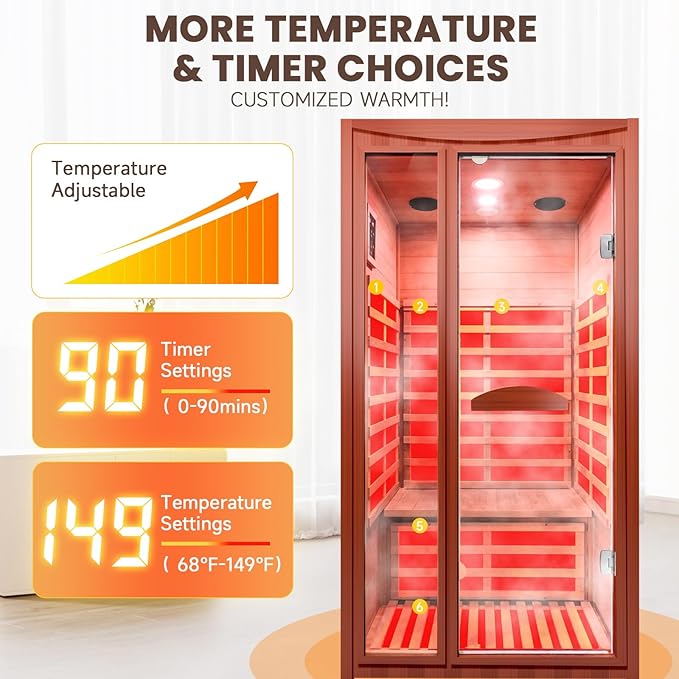 Far Infrared Intdoor Sauna Okoume Wooden Saunas Spa 1550W Dry Sauna Room for 1-2 Person with Bluetooth 7 Color Light 39.37 * 35.43 * 74.8 inch