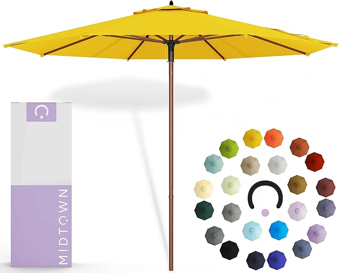 Midtown Umbrellas The Wooden 10 Feet Patio Umbrella With Terylast Sunflower (Yellow) Polyester Fabric - Aluminum Frame Market Umbrella For Backyard, Deck, Garden, Pool - Wooden Pole
