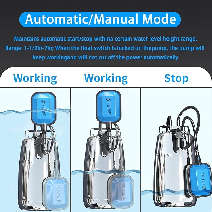 FOTING Stainless Steel Sump Pump 1HP Automatic & Manual Mode- with Float Switch,3500GPH Submersible Water Pump Utility Pump for Swimming Pool Garden Pond Basement with 25ft Cord