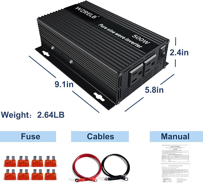 WZRELB 500W Pure Sine Wave Inverter 12VDC to 120VAC Solar Power Converter Truck RV Home LCD Display
