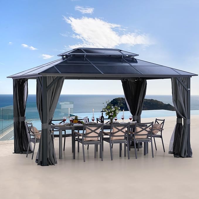 LeDoasis 10' X 13' Hardtop Gazebo, Outdoor Permanent Polycarbonate Double Roof Canopy with Breathable Netting & Privacy Curtain for Patio Backyard Garden Lawn Party