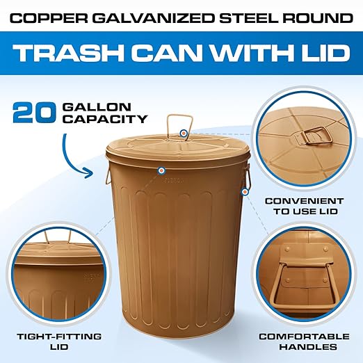 Plexon Large Metal Trash Can with Lid 20 Gallon, Decorative Outdoor Trash Can Heavy Duty Galvanized Metal Bucket with Lid for Garage Workshop Ash Storage Farmhouse, Copper 3 Pack