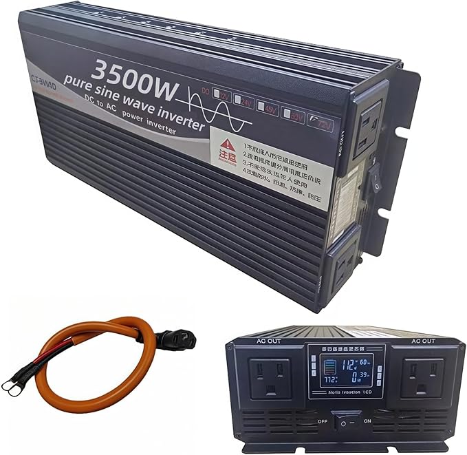 3500W Power Inverter 72V DC to 110V AC Converter with LED Display Dual AC Outlets Dual Fans Radiating for RV, Camp, Boat and Home Emergency Portable Pure Sine Wave Inverter (Smart Screen, 3500W 72V)