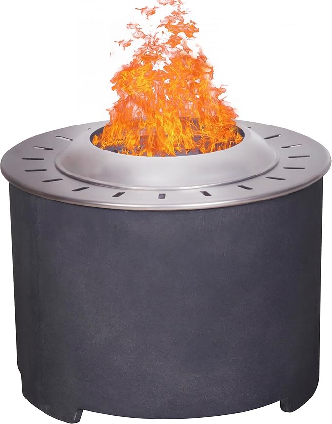Afterglow Smokeless Fire Pit, 20.5" Round Wood Burning Stainless Steel Top & TerraFab Base, Firepit with Weather Cover Perfect for Outdoor Patio Garden, Dark Grey
