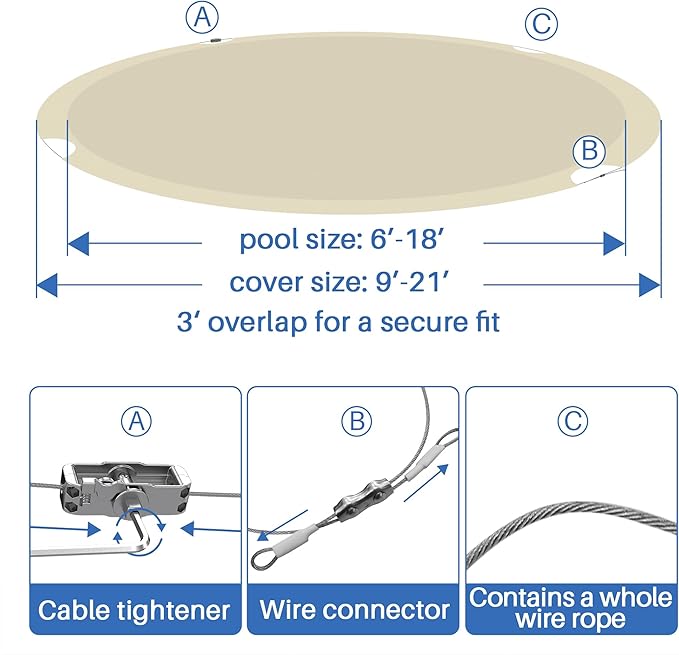 ECOOPTS 11 ft Waterproof Round Polyester Pool Cover for Above Ground Pools, Swimming Pool Cover Protector Winter Safety Cover (Beige)