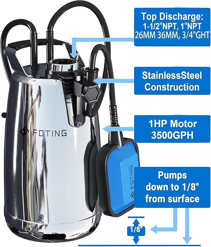 FOTING Stainless Steel Sump Pump 1HP Automatic & Manual Mode- with Float Switch,3500GPH Submersible Water Pump Utility Pump for Swimming Pool Garden Pond Basement with 25ft Cord