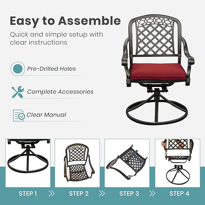 Set of 8 Cast Aluminum Patio Chairs with Cushions, All-Weather Aluminum Outdoor Swivel Chairs, Metal Outdoor Rocking Chairs for Backyard, Poolside and Bistro(Red, 8 Pieces)