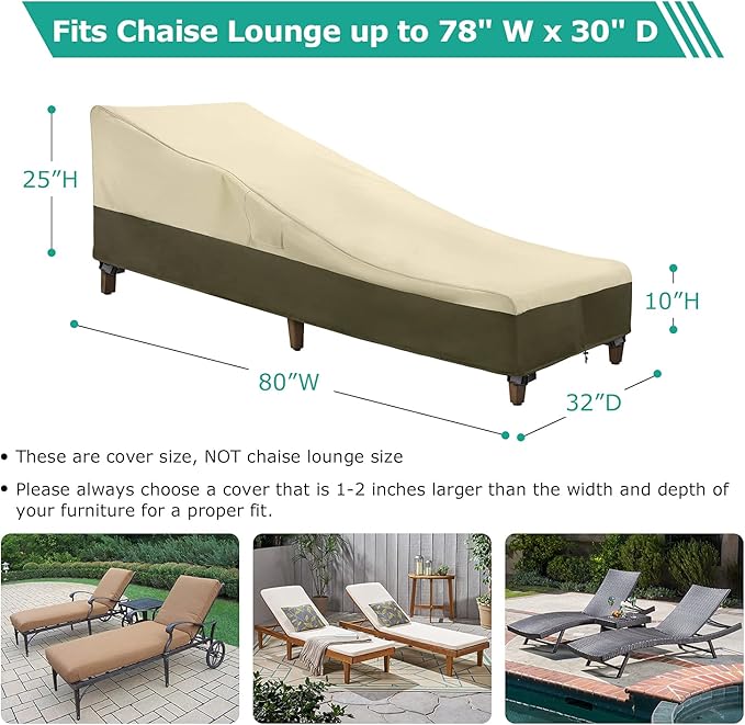 SunPatio Chaise Lounge Cover Outdoor Waterproof, Heavy Duty 2 Pack Patio Lounge Chair Cover, UV & Rip & Fade Resistant, All Weather Protection, 80W x 32D x 25H inch, Beige & Olive