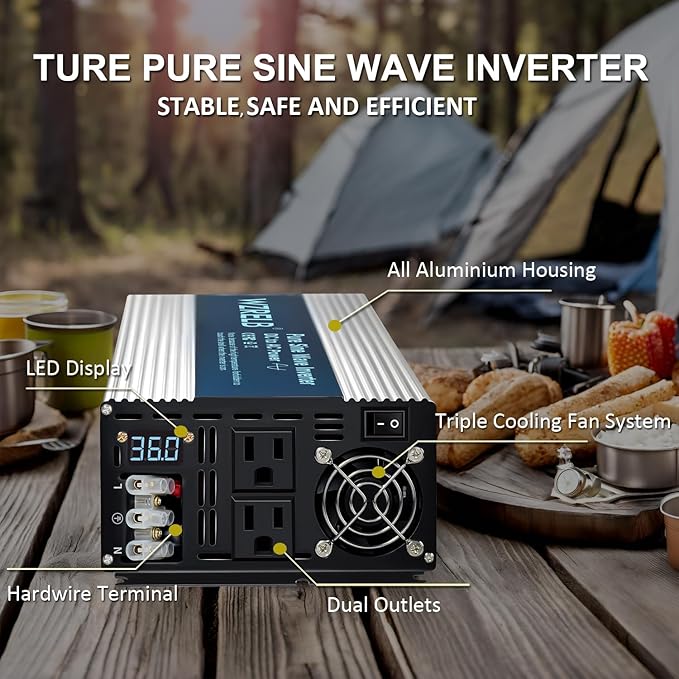 WZRELB 2500W Pure Sine Wave Inverter 36V DC to 110V 120V AC Power Converter with LED Display, Hardwire Terminal,Off-Grid Portable Power Inverter with Dual AC Outlets for Home, RV, Truck, Camping