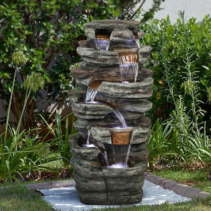 48''H 7-Tier Outdoor Garden Water Fountain Decor, Outdoor Resin Fountain with LED Light for Garden, Floor Patio, Deck, Porch, Backyard and Home Art Decor (48inch)