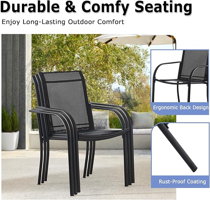 Patio Chairs Set of 8, Outdoor Dining Chairs with Breathable Textilene Fabric, Stackable Patio Chairs for Lawn, Garden, Backyard, Poolside, Black