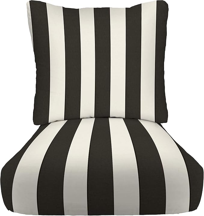RSH DECOR: Deep Seating Chair Cushion with Pillow Back | 23” x 24” Seat | All-Weather Spun Fabric | Outdoor Cushion Set for Patio Furniture | Black & White Stripe