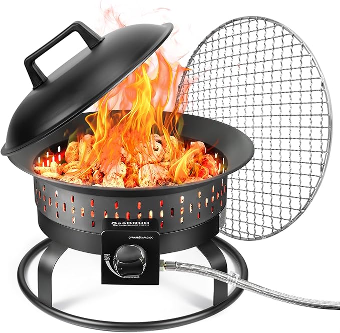 19″ Outdoor Portable Propane Fire Pit with Grill Grate, Cover&Carry Handle,Fireplace,60,000 BTU Propane Firepit,Portable Gas Fire Pit for Outside Patio, Camping,RV, Smokeless Gas Firebowl