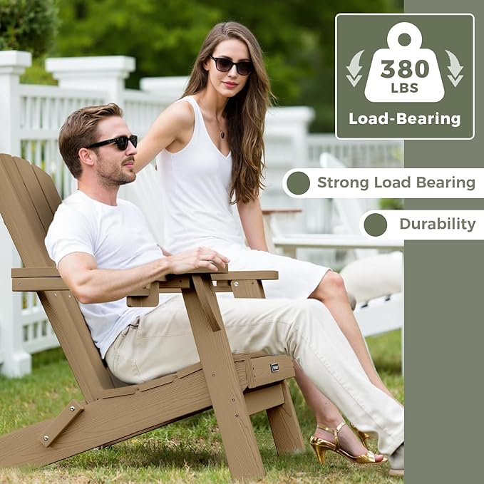 Folding Adirondack Chair Wood Texture 6 Pack, HDPE All-Weather Fire Pit Chairs, Plastic Adirondack Chairs with 2 Cup Holder, Outdoor Lawn Chair for Patio Garden (Teak)
