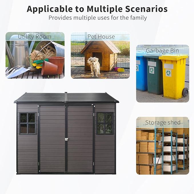 8x6 ft Resin Outdoor Storage Shed with Two-Window and Double-Door, Plastic Shed with Floor for Gargen, Patio, Yard, Lawn, Grey (1 Doors) (Brown, 8x6 ft)