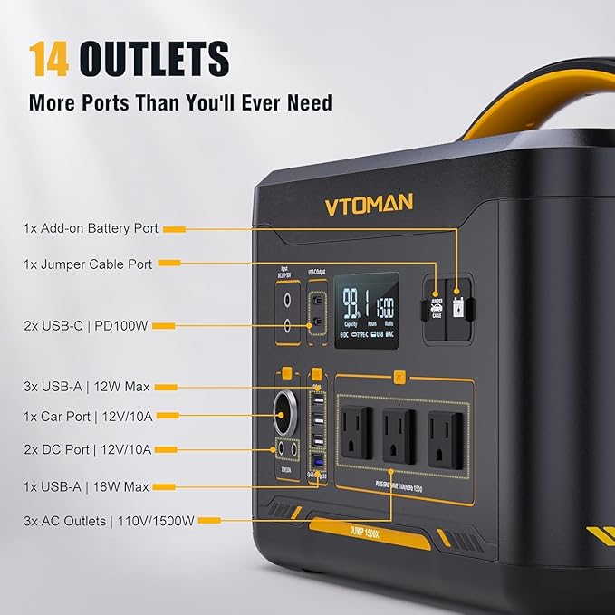 VTOMAN 2376Wh Portable Power Station with Extra Battery & 110W Solar Panel - 1500W Up to 3000W Solar Power Generator for Home Backup, Off-grid, Road Trip, RV, Camping, Fishing, Emergencies