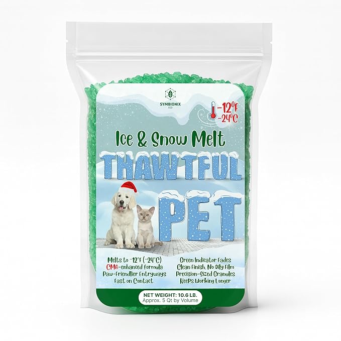 Thawtful Pet Safe Ice Melt – Pet Friendly Ice Melt, Snow Melt – Green Granules with CMA, Melts to −12°F (−24°C) - Driveway Salt & Sidewalk Salt for Ice (5 qt. - 10.6 lb.)