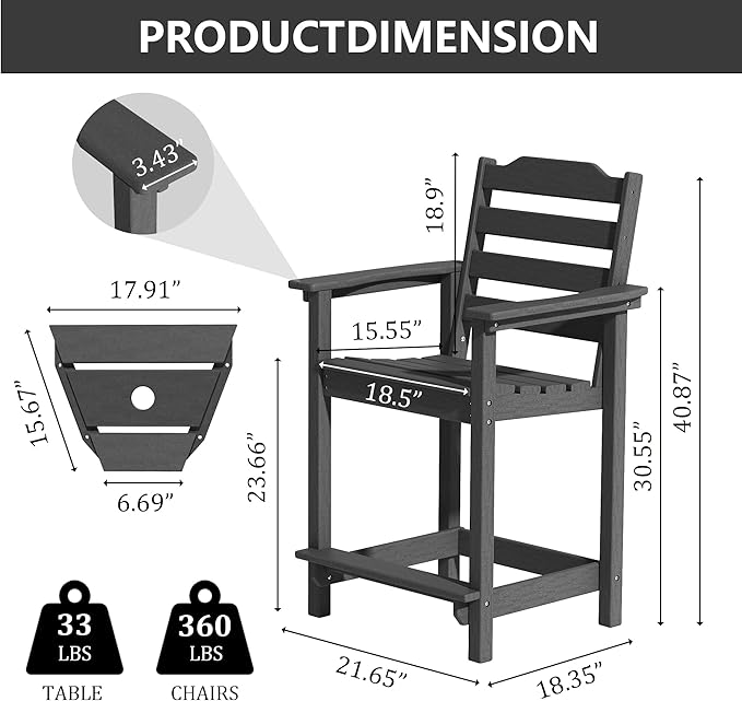 OTSUN Tall Adirondack Chairs Set of 2 with Connecting Tray, 24 inches HDPE Bar Height Outdoor Chairs, All Weather Resistant for Balcony, Porch, Kitchen (2 PCS, Black)