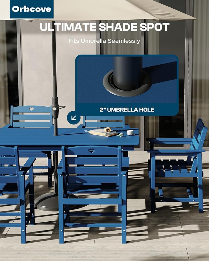 Patio Table and Chairs Set with Umbrella Hole, HDPE Patio Dining Set for 6, Outdoor Dining Set for Lawn, Patio, Porch, Deck, Poolside, Yard (Classic Blue, 7-Piece)
