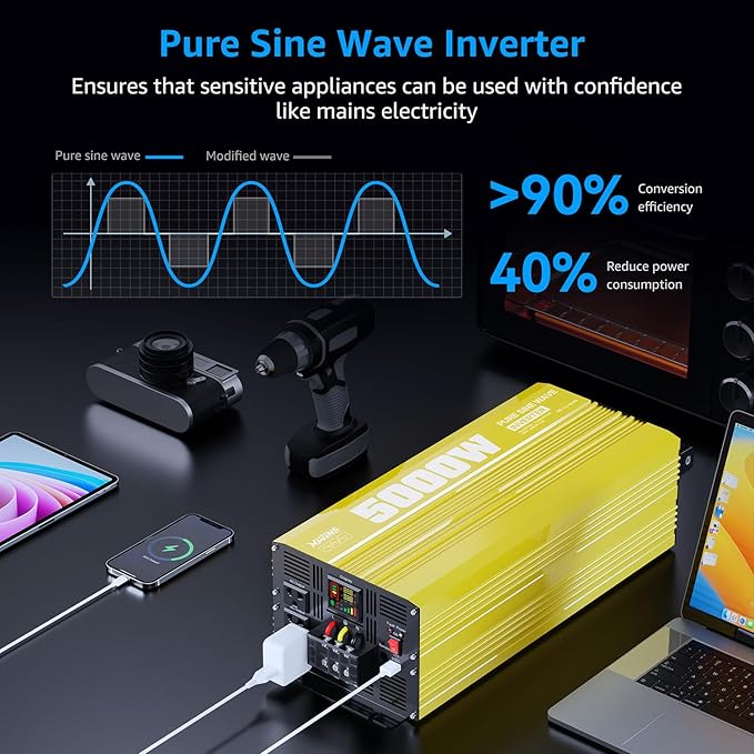 XWJNE 5000W Pure Sine Wave Power Inverter 24V DC to 120V AC Converter with LED Display and Remote Controller for Home, RV, Truck, Off-Grid Solar Power