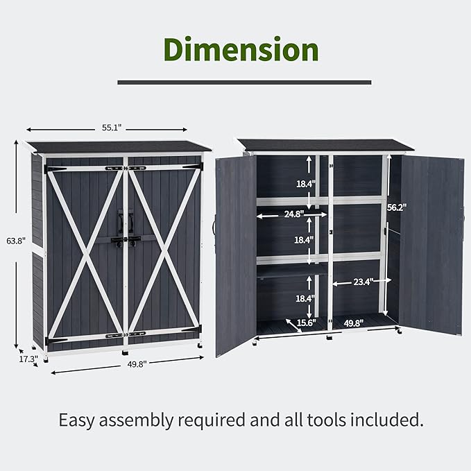 MCombo Outdoor Storage Cabinet with Shelves, Wood Garden Shed with Floor, Outside Tool Shed with 2 Lockable Doors for Backyard Patio Lawn, 1400 (Gray)