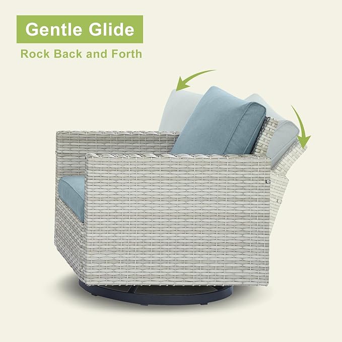 Wicker Outdoor Patio Furniture Set - 8 Piece Patio Conversation Set with 4 Swivel Rocker Chairs,2 Rattan Ottoman,1 Couch and 1 Metal Coffee Table for Outside Porch Deck Backyard(Light Grey/Sky Blue)