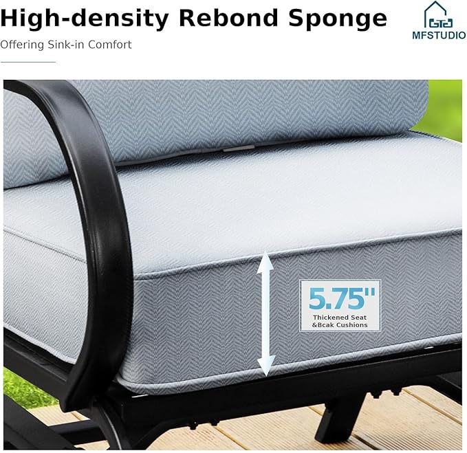 MFSTUDIO 5 Pieces Patio Conversation Sets, Outdoor Metal Furniture Sofas with 1 x 28 50,000 BTU Square Propane Gas Fire Pit Table and 4 x Steel Frame Patio Sofa Swivel Chairs with Grey Cushion