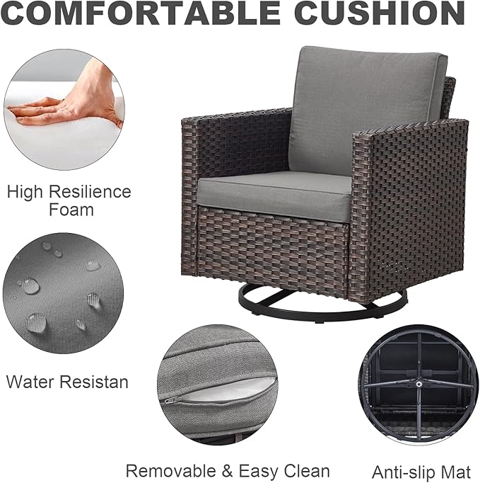 Luxury Outdoor Swivel Patio Chairs Set of 4, Wicker Swivel Outdoor Chairs Set of 4, 4 Piece Furniture Set for Porch, Deck, Sunroom, Yard, Poolside, Brown/Grey
