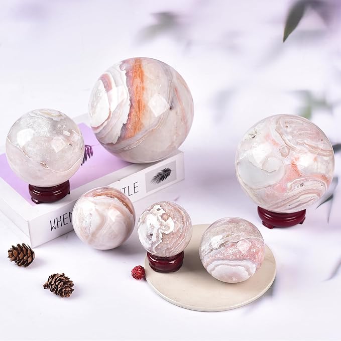 JIC Gem Pink Agate Crystal Ball with Wooden Stand Pink Healing Crystal Sphere Ball for Feng Shui Decor Spiritual Gifts 60-70mm