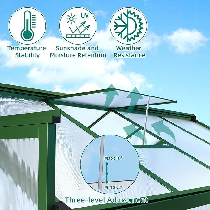 Garvee 6x8 ft Greenhouse - Aluminum Greenhouses for Outdoors, Large Polycarbonate Greenhouse with Roof Vent, Heavy Duty Walk-in Green Houses for Outside Garden, Backyard, Patio, Lawn, Easy Assembly