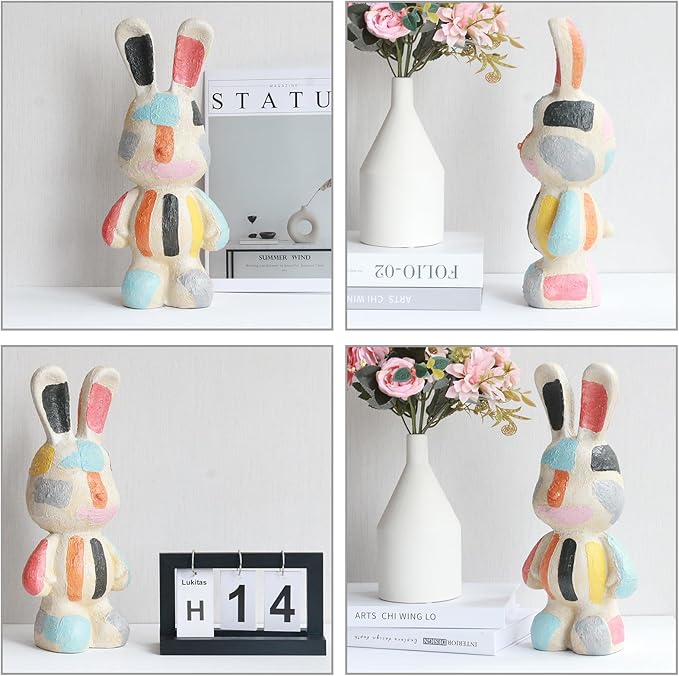 Lukitas Bunny Statue Decor, Colorful Artistic Rabbit Sculpture, Vibrant Faux Sandstone Decorative Ornament for Garden Patio Yard Living Room, Resin 14''