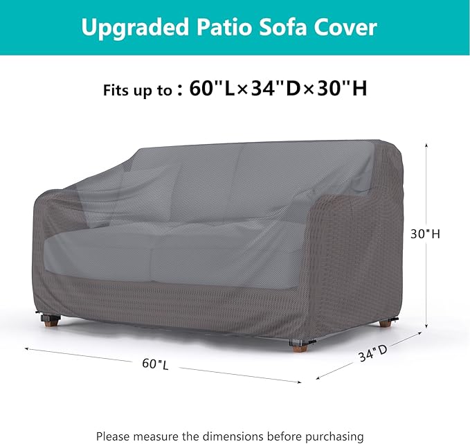 Patio Sofa Cover Waterproof - Heavy Duty 2-Seater Outdoor Couch Cover, Patio Furniture Covers with Air Vent and Handles, 60" L ×34" D×30" H, Gray