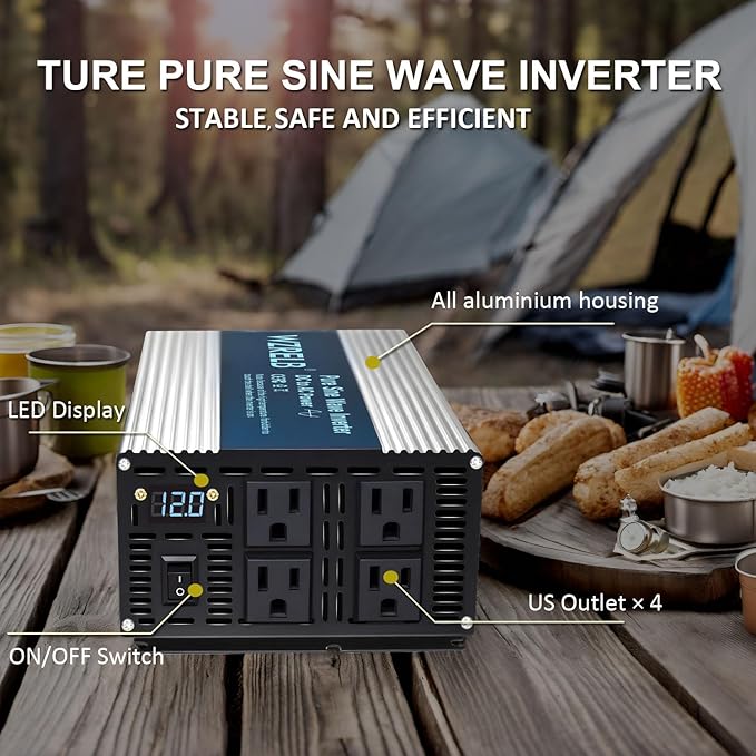 WZRELB 1800W Pure Sine Wave Inverter 12V DC to 110V 120V AC Power Converter with LED Display, Off-Grid Portable Power Inverter with 4 AC Outlets for Home, RV, Truck, Camping