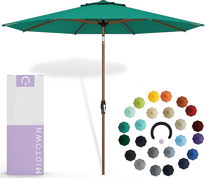 Midtown Umbrellas Sunbrella Umbrella Outdoor Patio Umbrella 2-8 Feet in Canvas Teal Acrylic Fabric - Auto-Tilt Aluminum Frame For Backyard Umbrella, Deck Umbrella & Porch Umbrella - Wooden Pole