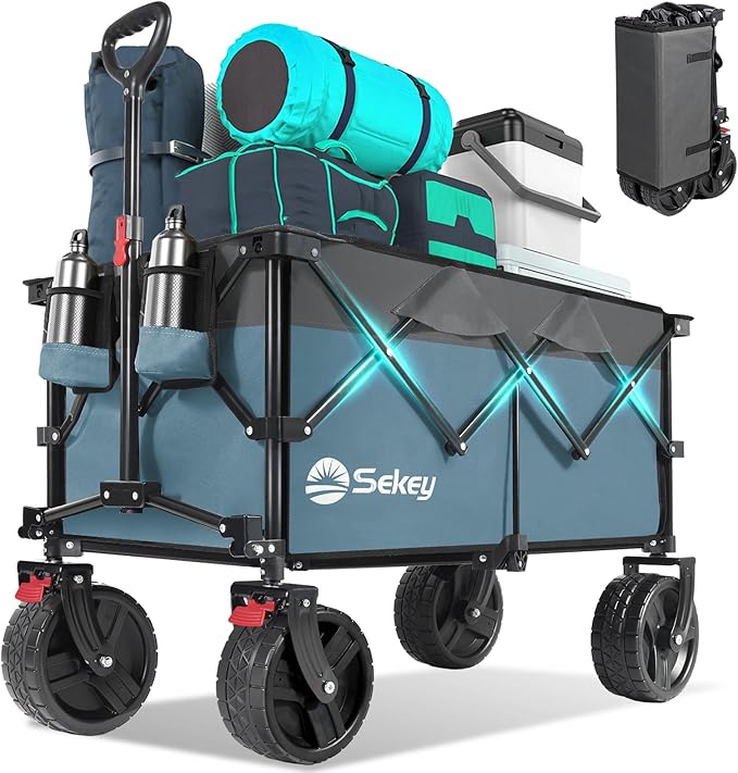 Collapsible Wagon Cart with Big All-Terrain Beach Wheels, Foldable Heavy Duty Wagons with Cup Holders, Utility Carts for Camping, Garden, Outdoor, Grocery, Sports. Blue & Gray