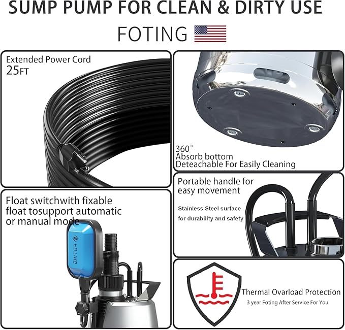 FOTING Stainless Steel Sump Pump 1HP Automatic & Manual Mode- with Float Switch,3500GPH Submersible Water Pump Utility Pump for Swimming Pool Garden Pond Basement with 25ft Cord