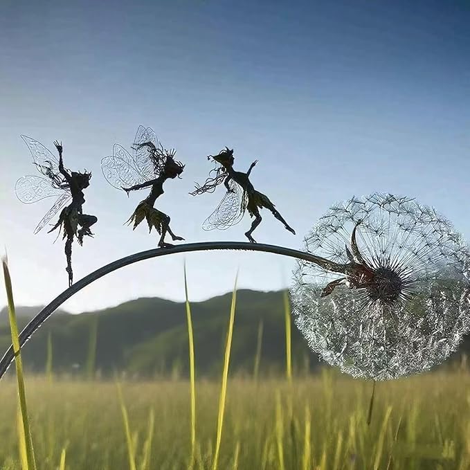 Flower Fairy Dancing with Dandelion, Art Sculpture Fairies for Fairy Garden, Angel Metal Ornaments Gardens Art Sculpture, Outdoor Decorations for The Courtyard, Christmas and Halloween Lawn (D)