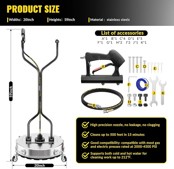 Doniks 20 Inch Pressure Washer Surface Cleaner with 4 Wheels,Dual Handle,Stainless Steel Housing,4500 PSI Power Washer Accessory for Concrete, Patio, Sidewalk, Deck, Driveways and Daily Washing