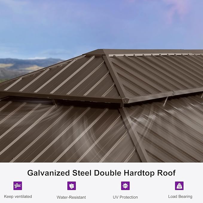 PURPLE LEAF 12' X 28' Outdoor Hardtop Gazebo Patio Wide Aluminum Frame Galvanized Steel Double Roof with Heavy Duty Netting and Curtains for Permanent Hard Top Pavilion Screen Khaki
