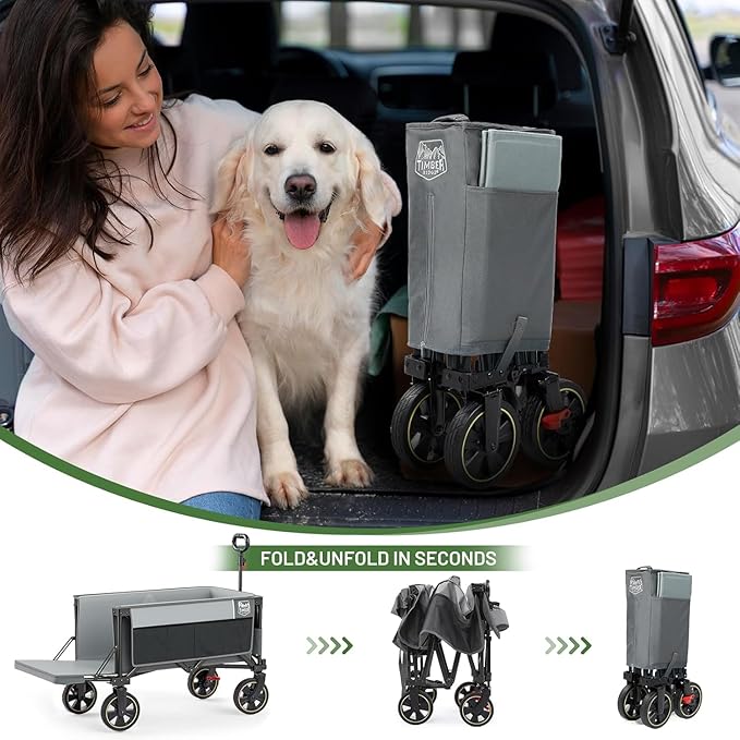 TIMBER RIDGE 49" Extra Long Collapsible Folding Wagon with Tailgate and Brakes, 250L Capacity All-Terrain Wagon Carts Foldable, 300lbs Portable Cart for Dog, Garden, Outdoor Camping Sports, Grey