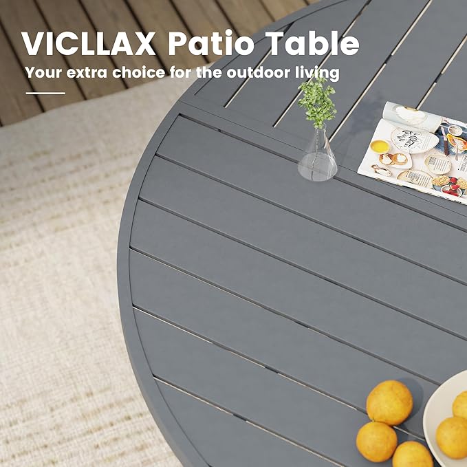 VICLLAX Outdoor Patio Round Dining Table, 50"x 50" Spliced Metal Tabletop for Deck Lawn Garden Backyard, Dark Grey