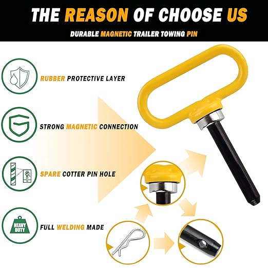 Magnetic Hitch Pin, Lawn Mower Trailer Hitch Pins 1/2 Inch - Strong Heavy Duty Magnet Trailer Gate Pin for Mowers, Lawn Tractors, Towing Cargo, ATV - Simple One Handed Hook On & Off（Yellow）