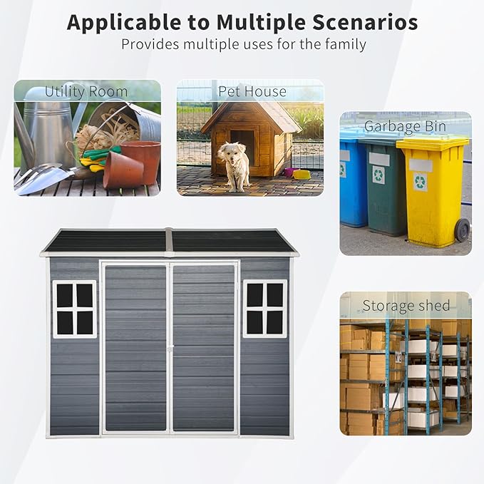 Outdoor Storage Shed with Two-Window and Double-Door, Resin Storage Shed with Lockable Door, Plastic Shed with Floor for Gargen, Patio, Yard, Lawn (Black, 8 x 6 FT)