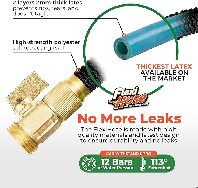 Flexi Hose Lightweight Expandable Garden Hose, No-Kink Flexibility, 3/4 Inch Solid Brass Fittings and Double Latex Core (75 FT, Black)
