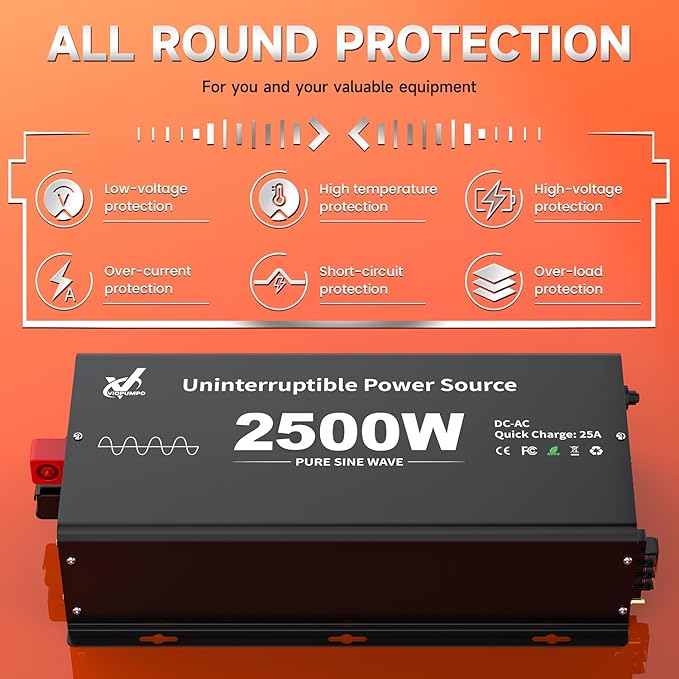 2500 Watt Sump Pump Battery Backup System, Pure Sine Wave Output, Professional Backup System in The Event of a Power Outage, Remote Controller with LCD Screen, Automatic Grid and Battery Switchover