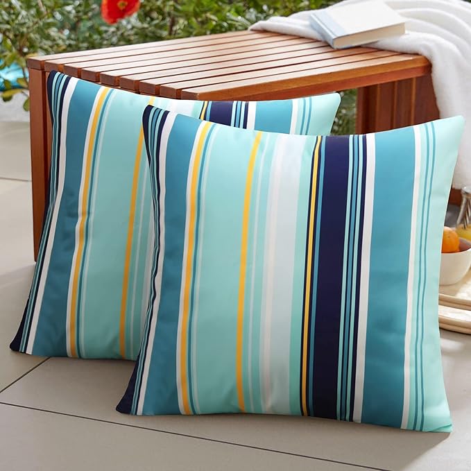 Pyonic Pack of 2 Outdoor Waterproof Throw Pillow Covers Light Blue Pillow Covers Decorative Square Cushion Cases for Patio Furniture Tent Garden Couch,18x18 Inches,Color Stripe
