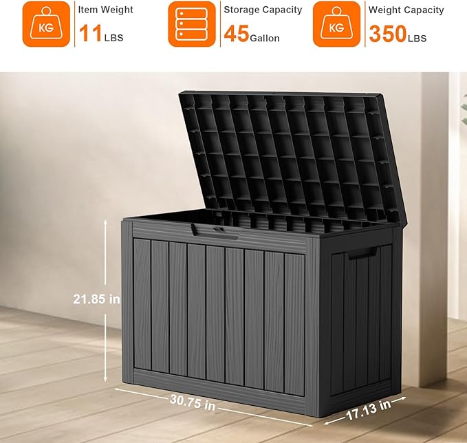 ROJIK Outdoor Storage Housing Deck Box - Waterproof Patio Furniture, Garden Tools, Cushions, Pool Accessories Storage Bench with Lockable Lid and Side Handles (Black 48 Gal)