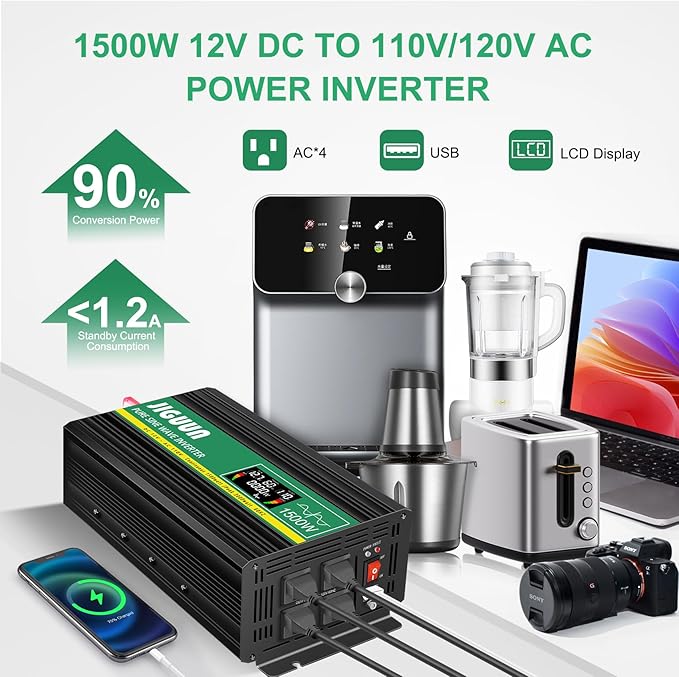 JIGUUN Pure sine Wave Inverter 1500W, 12V to 110V Power Inverter Converter with 4 AC sockets, USB Output and LED Display for RV Camping Emergency Household appliances (PRO1500WLCD)