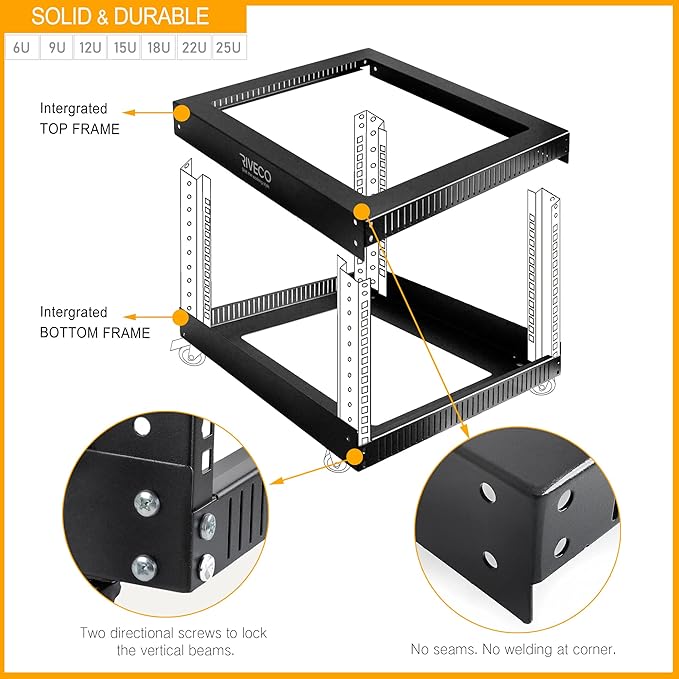 RIVECO 22U Open Frame Server Rack with Brake Casters +19" Rail Mounting PDU (8 Outlets) Power Strip with Surge Protector + 2PCS Rack Shelves Cantilever Tray Set Black